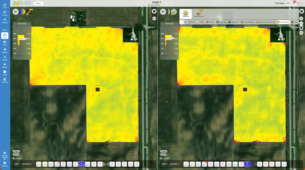 Side-by-side yield forecast maps show a 3 bu/ac increase immediately following fungicide application.