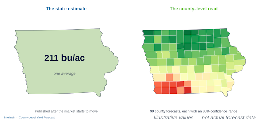 Side-by-side comparison of Iowa corn yield views. Left: the whole state shaded one color with a single estimate of 211 bushels per acre labeled "one average." Right: the same state broken into 99 counties, shaded from dark green (higher yield) in the north to red (lower yield) in the southwest, labeled "99 county forecasts, each with an 80% confidence range." Values are illustrative, not actual forecast data.
