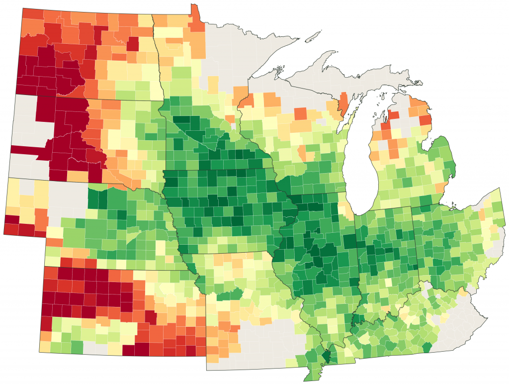County-Level Yield Forecast map showing in-season corn yield for every county in the 13-state Corn Belt as of August 31, 2026. Counties are shaded from dark green for yields above 220 bushels per acre through yellow to dark red below 100, with the strongest yields concentrated across Iowa, Illinois, and Indiana and the weakest in the western Dakotas, Nebraska, and Kansas.