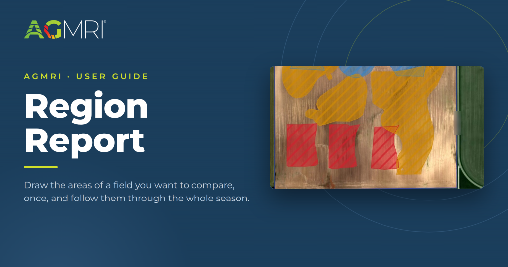 Page header on a navy background with concentric ring graphics reading "AGMRI User Guide — Region Report: Draw the areas of a field you want to compare, once, and follow them through the whole season," beside an aerial field map with orange, blue, and red comparison zones drawn on it.