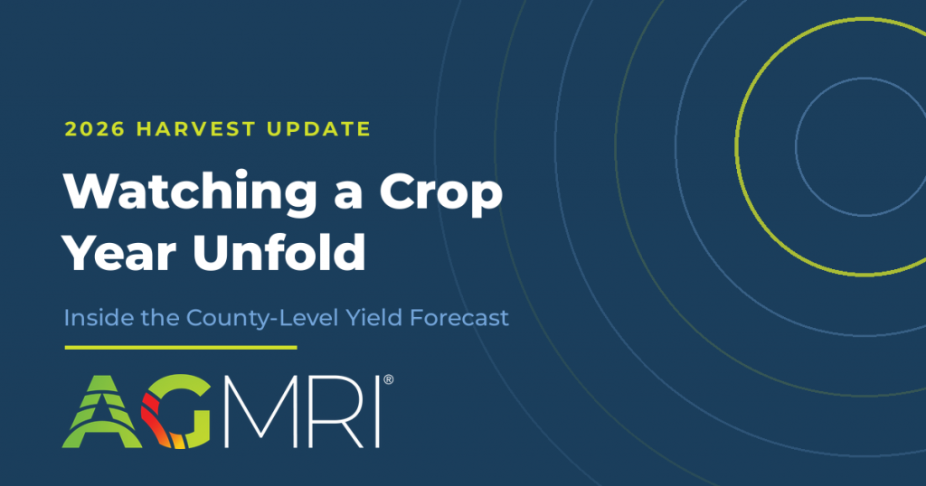 Blog header on a navy background with concentric ring graphics reading "2026 Harvest Update: Watching a Crop Year Unfold — Inside the County-Level Yield Forecast,