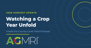 Blog header on a navy background with concentric ring graphics reading "2026 Harvest Update: Watching a Crop Year Unfold — Inside the County-Level Yield Forecast,