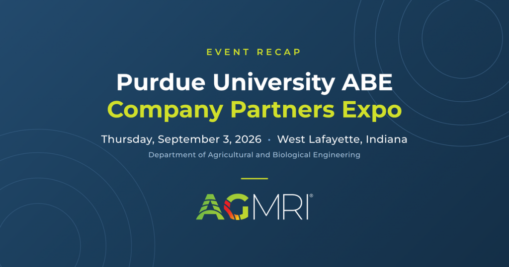 Purdue University ABE Company Partners Expo event recap graphic — Thursday, September 3, 2026, West Lafayette, Indiana, with the AGMRI by Intelinair logo