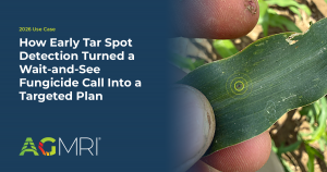 How early tar spot detection turned a wait-and-see fungicide call into a targeted plan, shown beside a close-up of an early tar spot lesion on a corn leaf