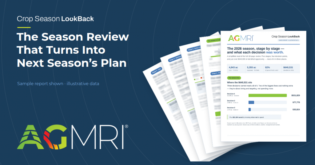 Crop Season LookBack: The Season Review That Turns Into Next Season's Plan. Fanned pages of a sample AGMRI report on a navy background.