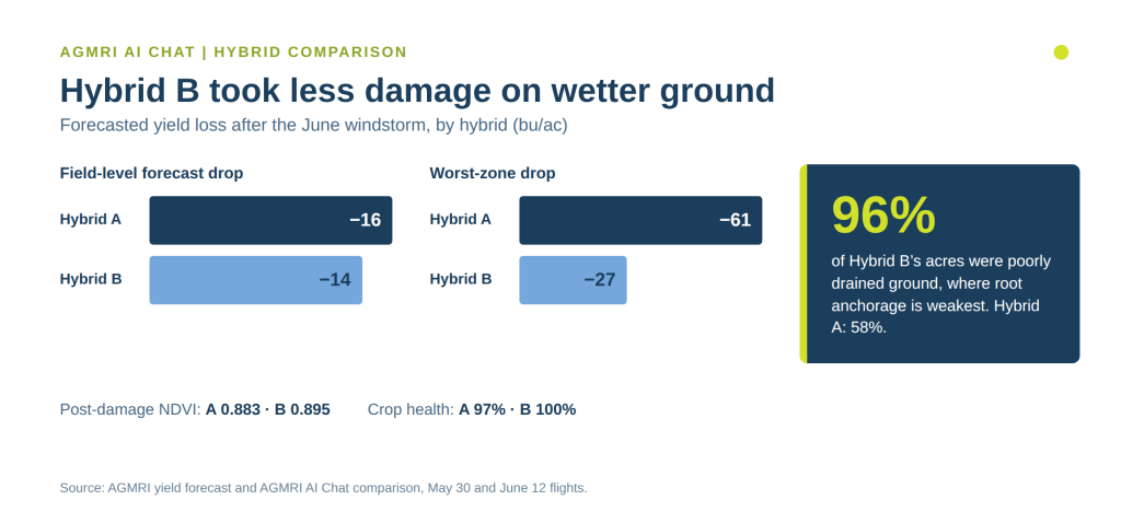 AGMRI AI Chat hybrid comparison: Hybrid A dropped 16 bu/ac (worst zone −61) and Hybrid B dropped 14 (worst zone −27), on ground that was 96% poorly drained.
