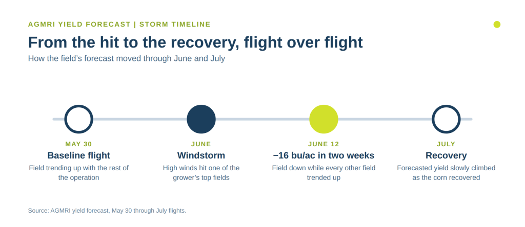 Timeline of AGMRI yield forecast: May 30 baseline, June windstorm, 16 bu/ac drop by June 12, and recovery through July.